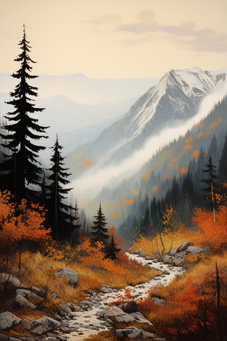 paint a rustic oil painting showing a mountaintop forrest in autumn, vintage tones, in the style of jasper francis cropsey, eastman johnson, muted earth tones, misty atmosphere, cornelis springer, unprimed canvas, heavy and obvious brushstrokes,vangogh