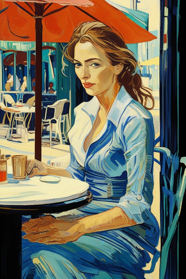 a paintng of portrait of beautiful_woman, sitting at table, outdoor cafe, solo,vangogh