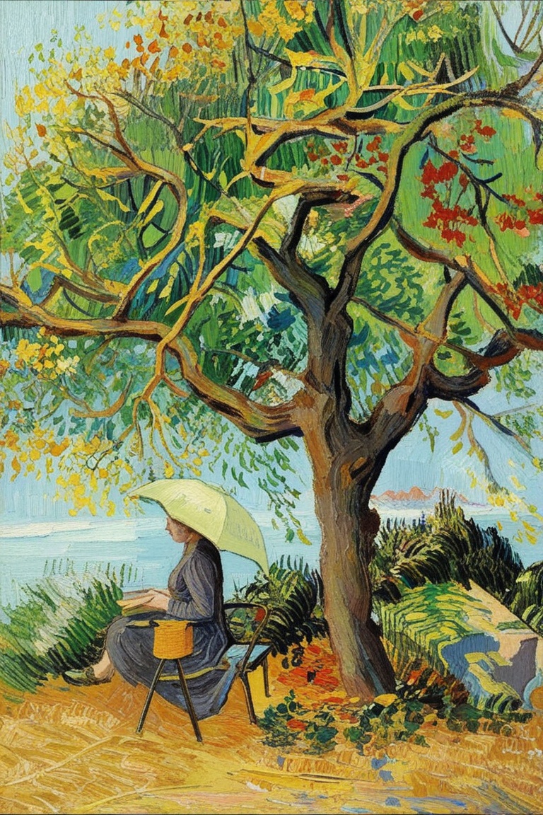a paintng of a woman reading under tree, parasol,vangogh