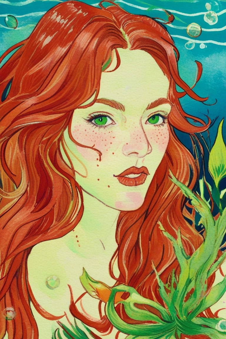 Paint_Style, 1girl, solo, long hair, looking at viewer, green eyes, red hair, parted lips, water, lips, leaf, looking up, monster girl, partially submerged, freckles, fish, underwater, air bubble, mermaid,vangogh