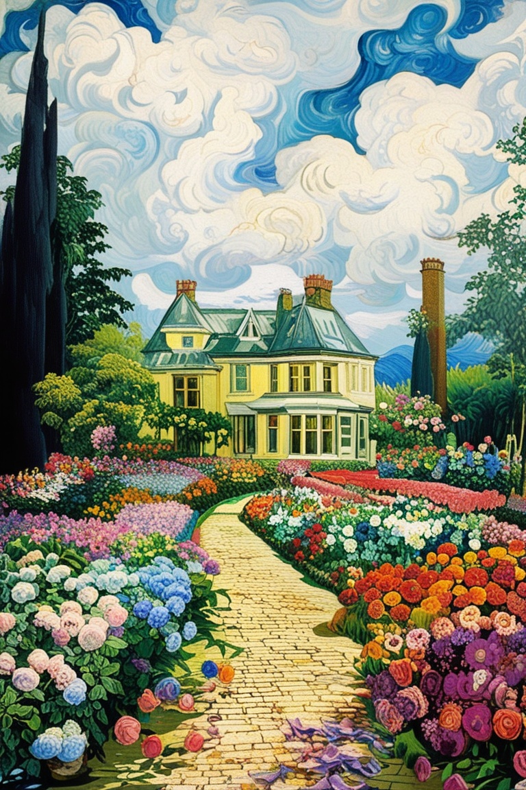 a painting of a garden of colorful flowers, Victorian manor in background, nimbus clouds, landscape,vangogh