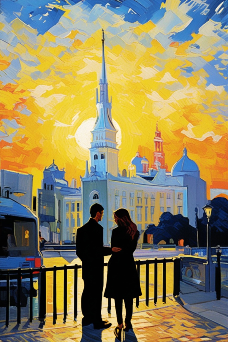 paint artbook style, a surprise proposal at a city landmark,vangogh