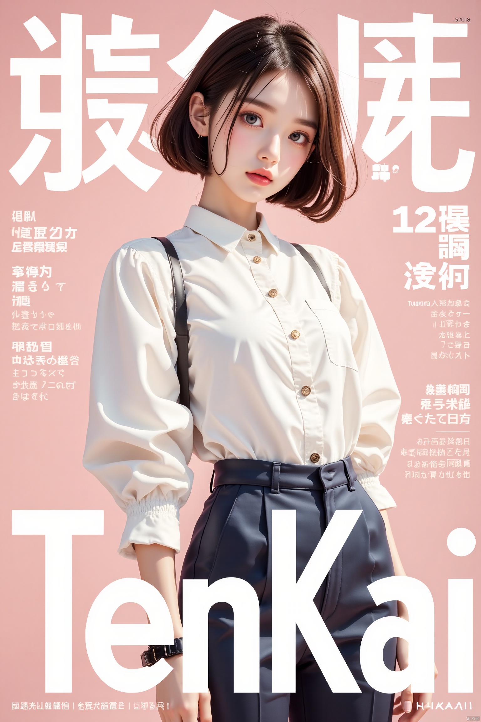 The cover of an art magazine features a clear white text layout in the background, with a fashionable illustrated girl in the middle of the picture and a large, clear text at the bottom that reads "TenKai", in the style of an art magazine