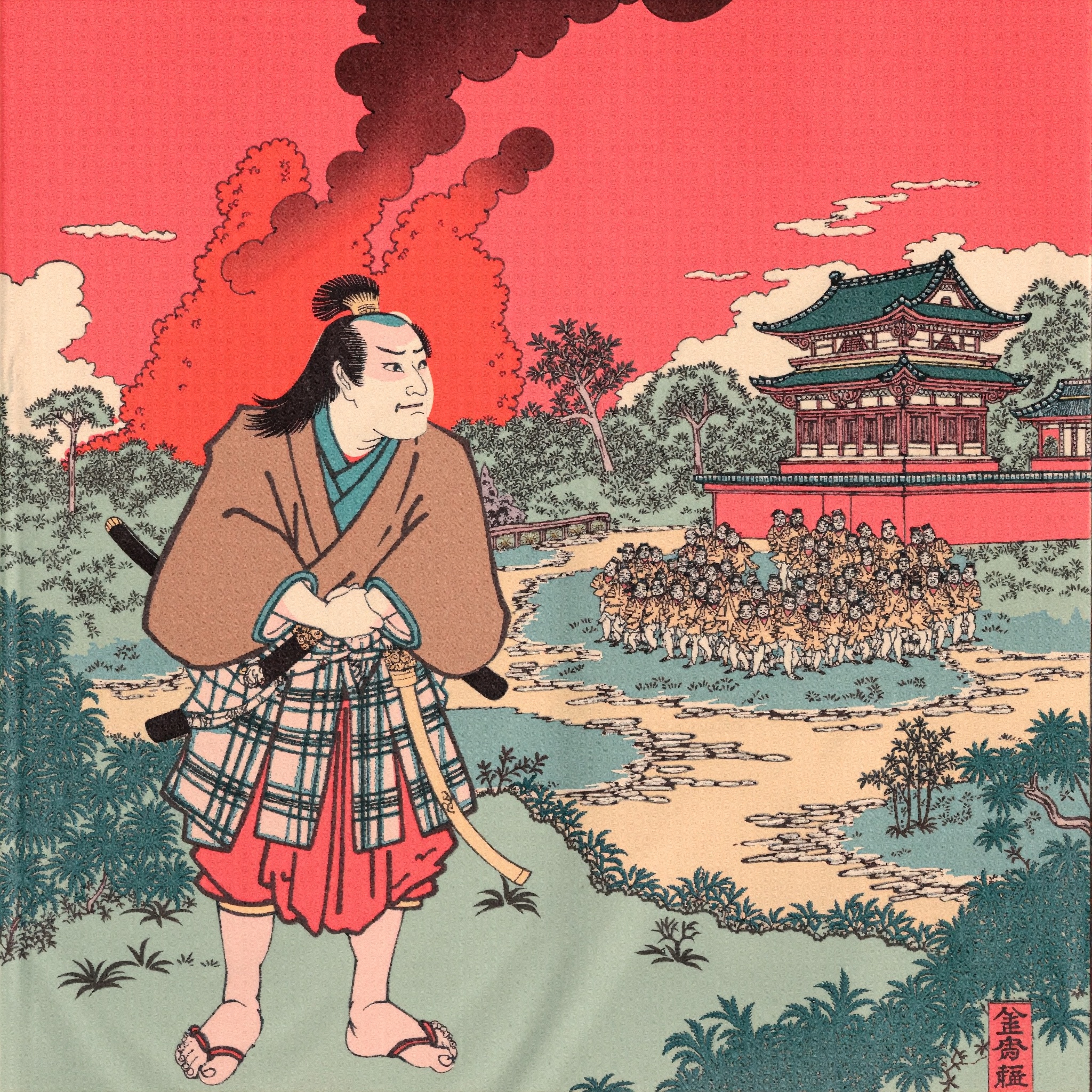 ukiyoe of an samurai standing in front of a burning feudal city on Tensor.Art
