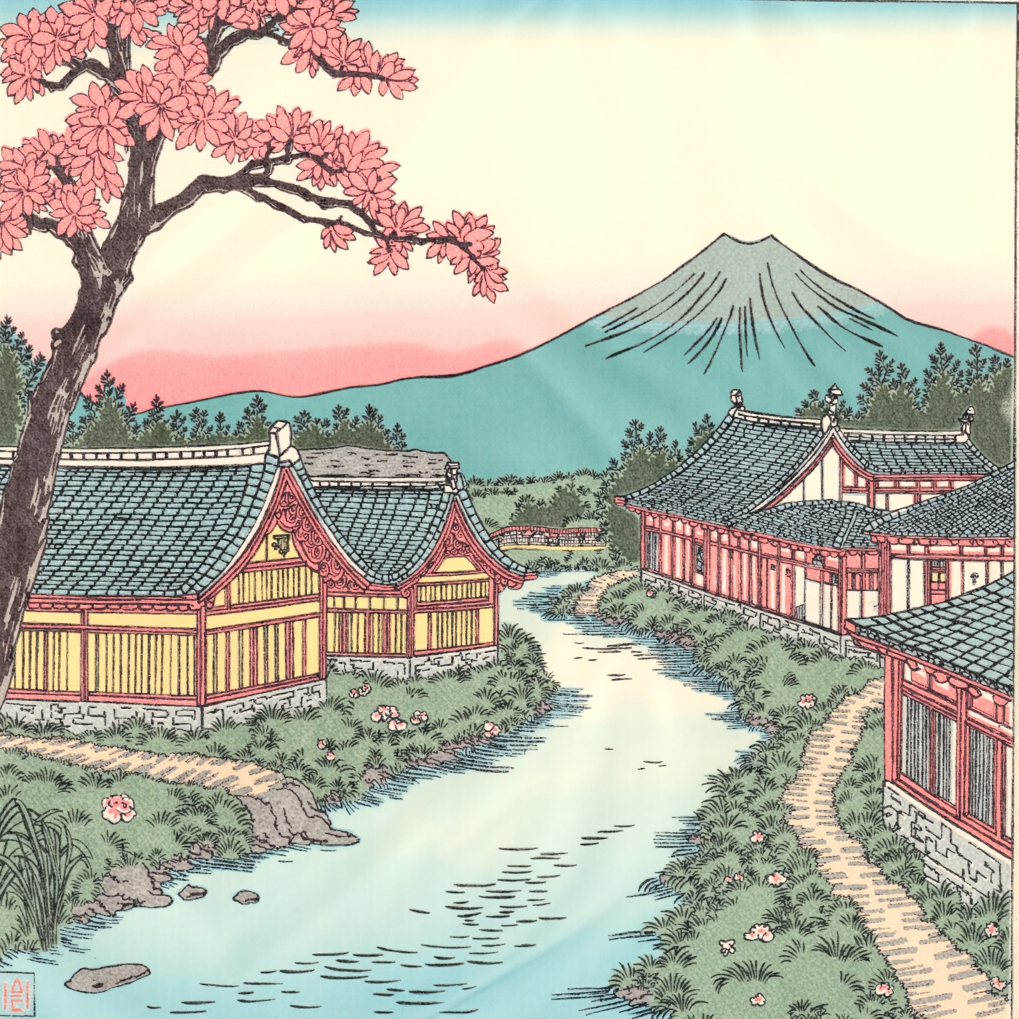ukiyoe ,  landscape of an feudal japanese village an river is floating though in the background is mount fuji on Tensor.Art