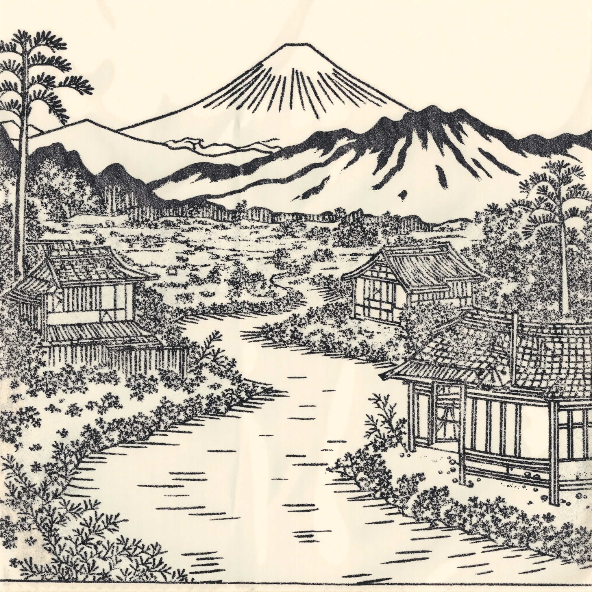 ukiyoe ,  landscape of an feudal japanese village an river is floating though in the background is mount fuji on Tensor.Art