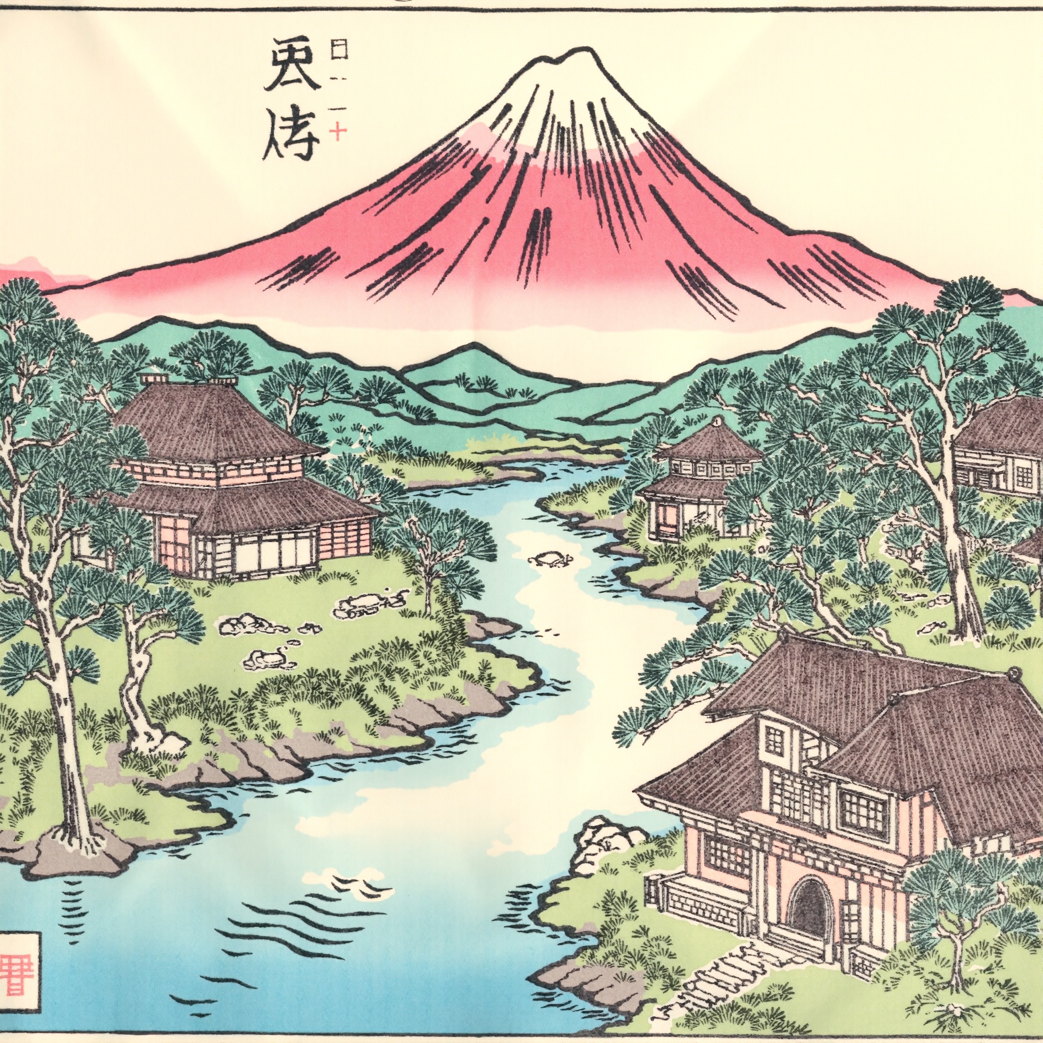 ukiyoe ,  landscape of an feudal japanese village an river is floating though in the background is mount fuji on Tensor.Art