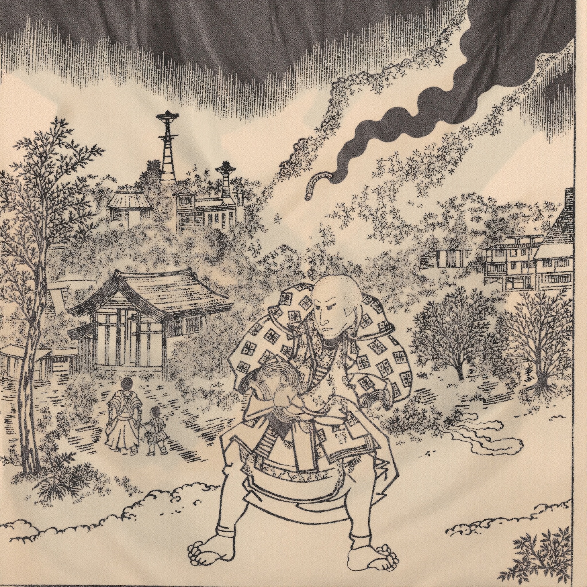 ukiyoe of an samurai standing in front of a burning feudal city on Tensor.Art