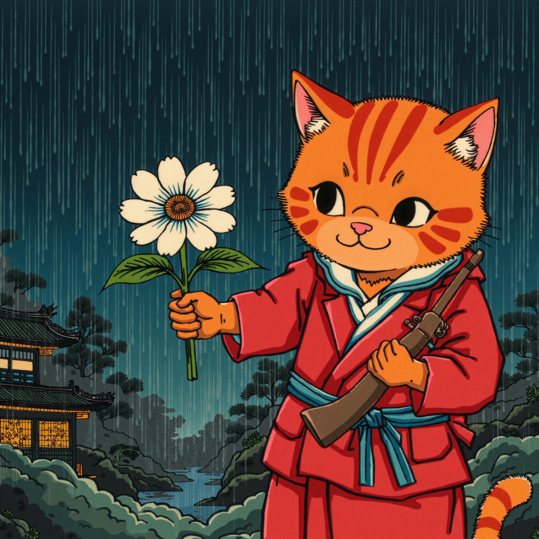 ukiyoe ,  Ginger cat ,  give a soldier a white flower on Tensor.Art