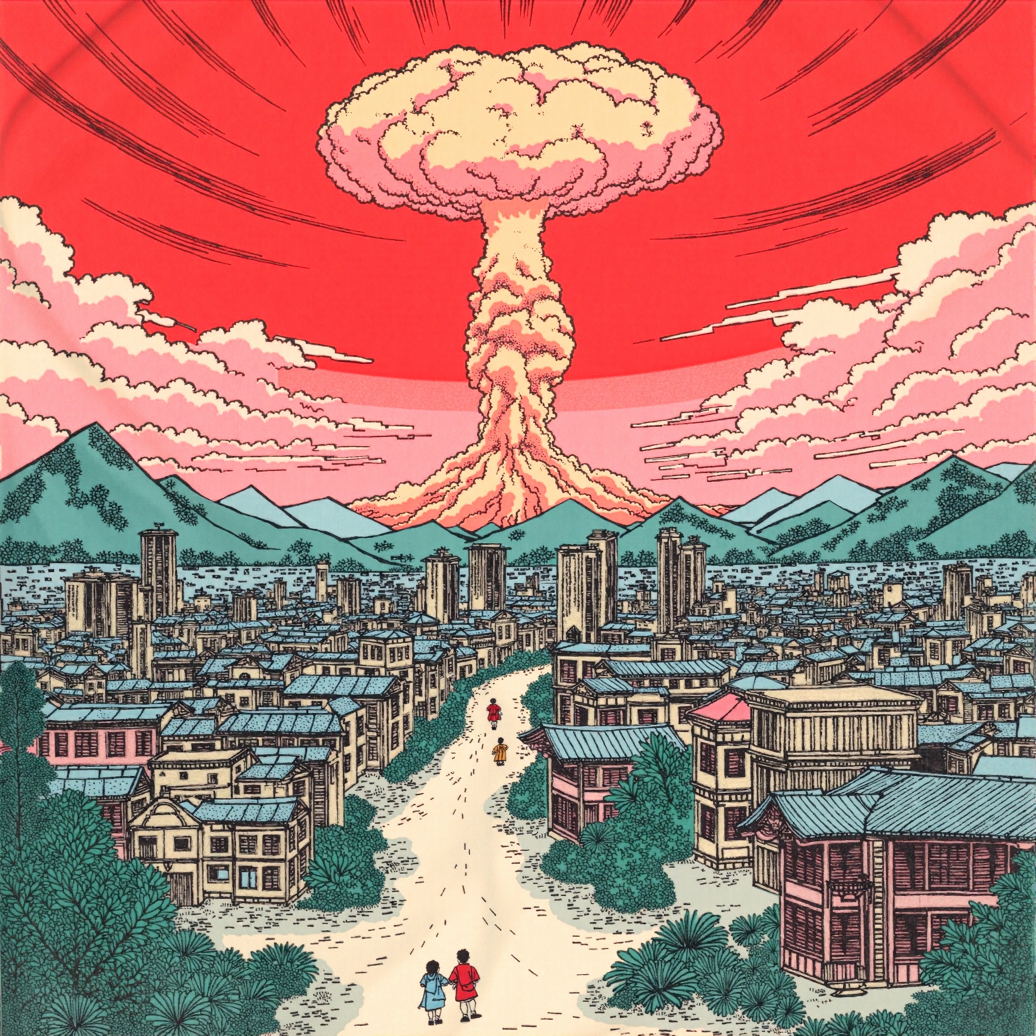 ukiyoe of an postapocalyptic city an nuclear blast is in the background on Tensor.Art