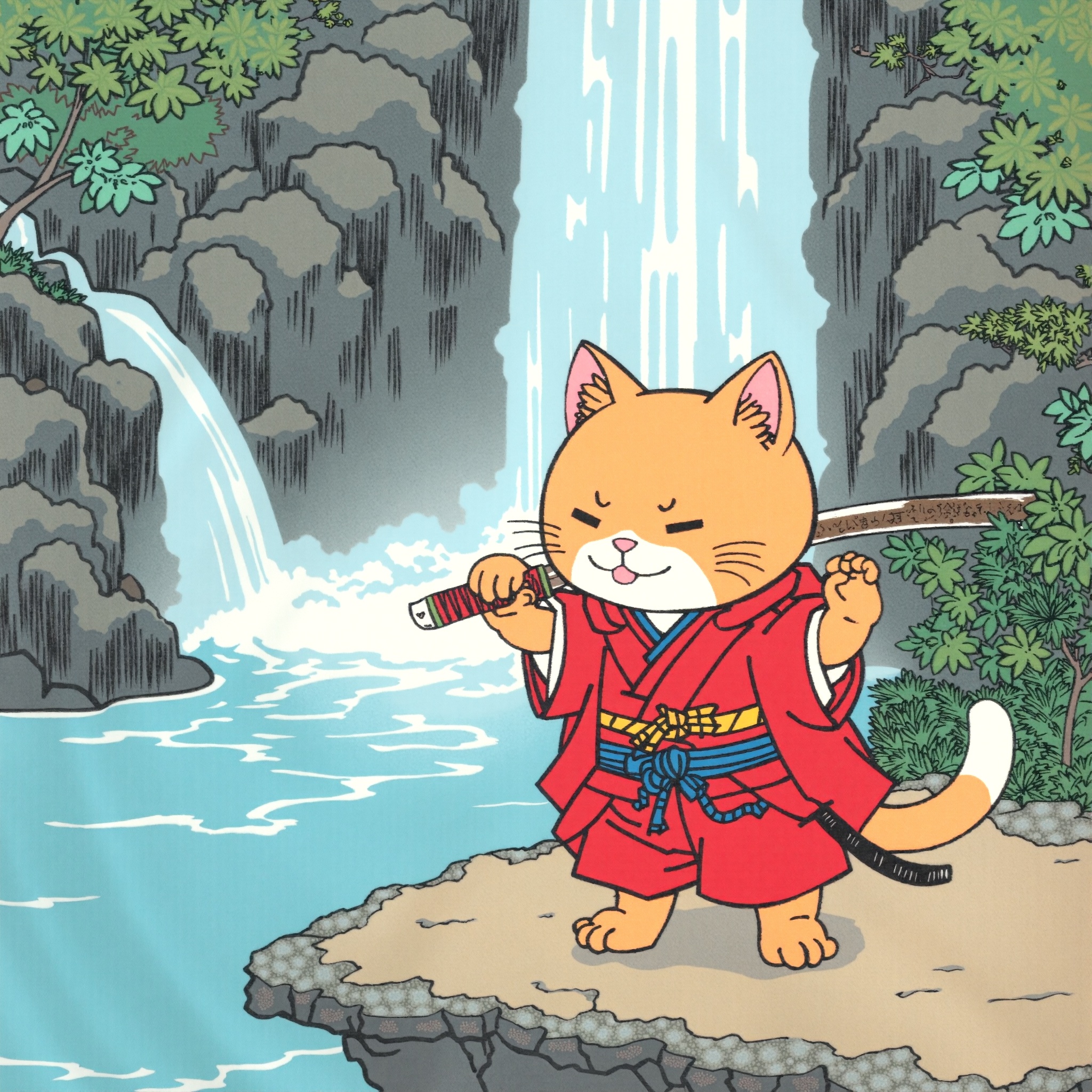 ukiyoe cute cat samurai in front of an waterfall holding his katana on Tensor.Art