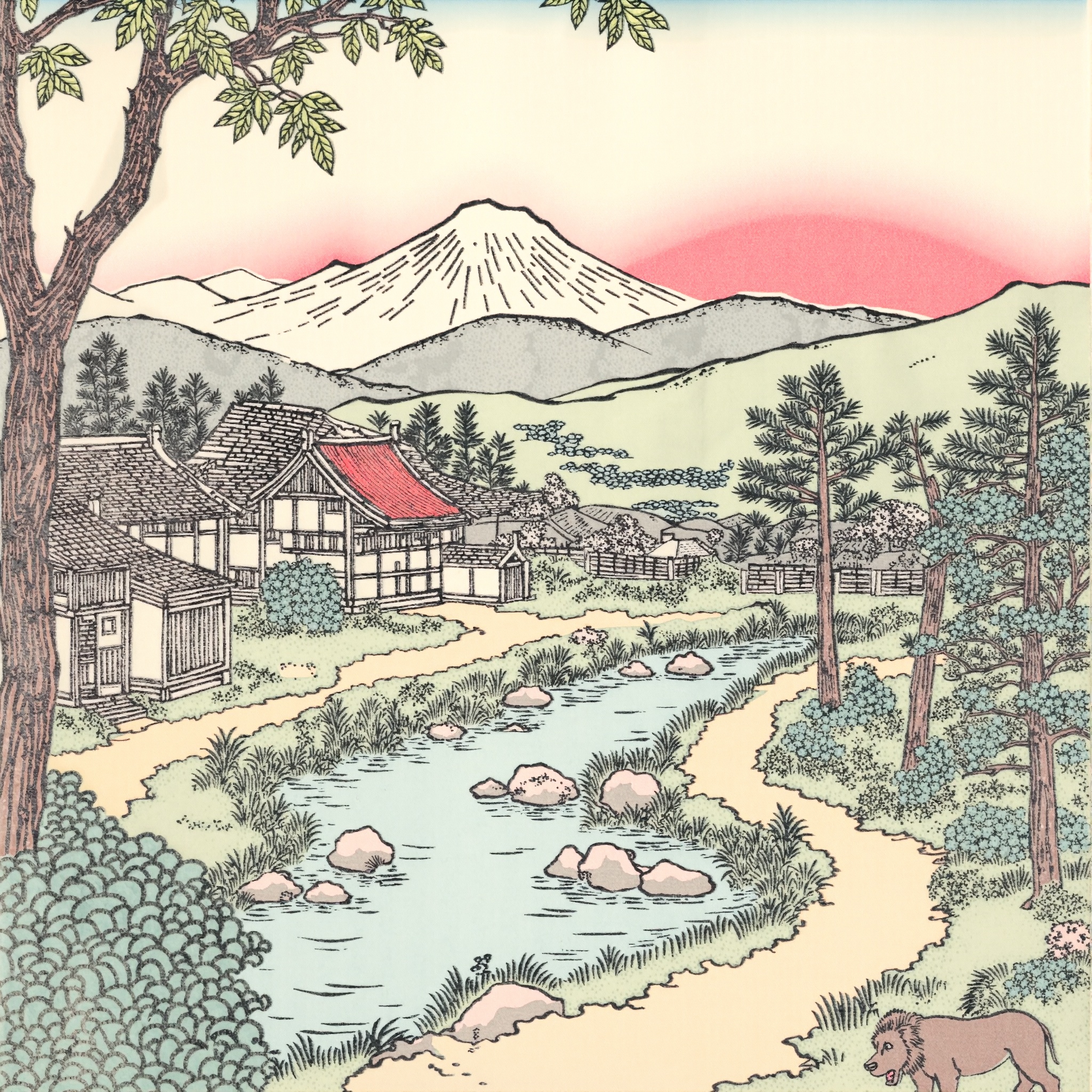 ukiyoe ,  landscape of an feudal japanese village an river is floating though in the background is mount fuji on Tensor.Art