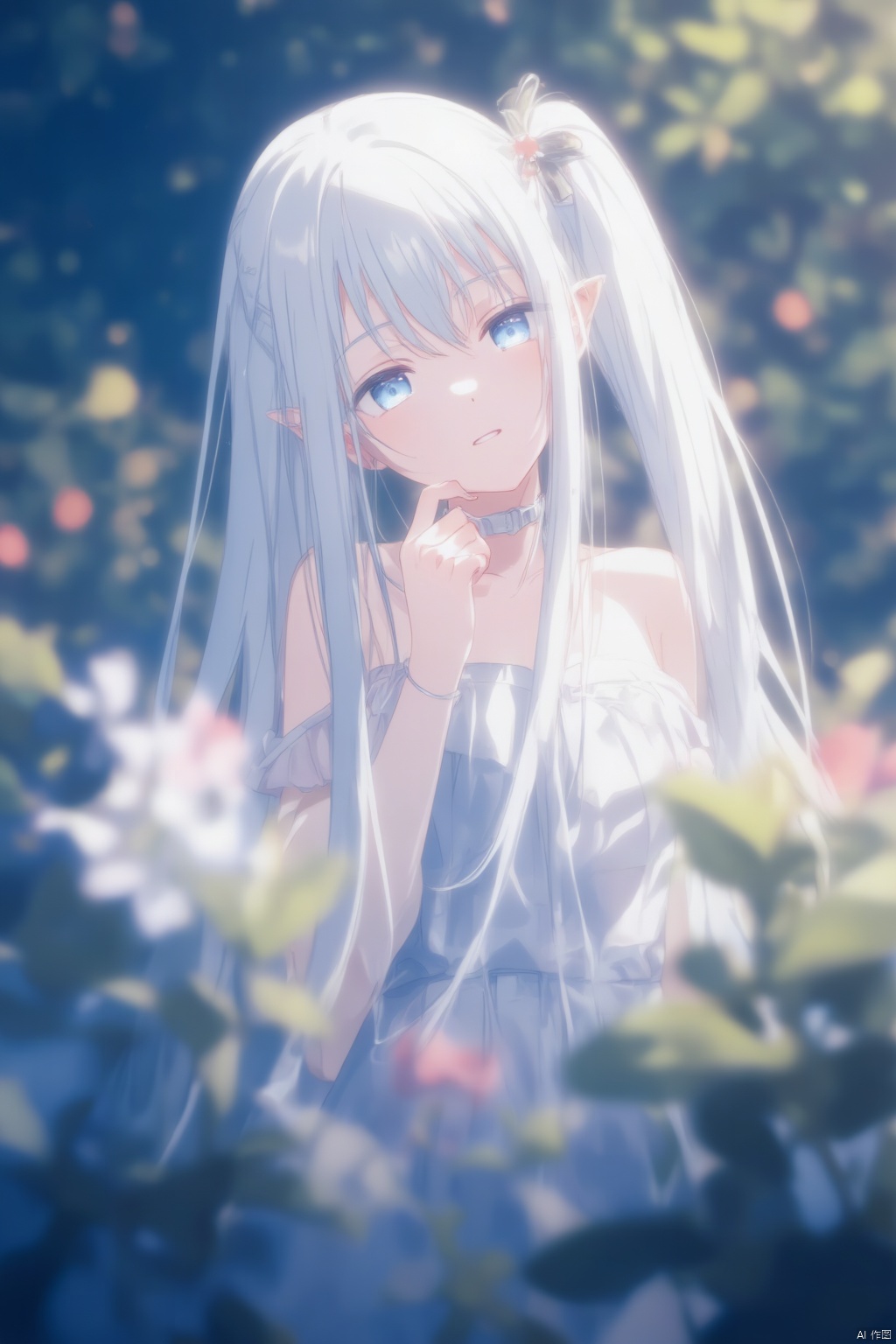 A long-haired elf girl with a ponytail, featuring grey hair, pointy ears, and blue eyes. She has a mole under her eye. The girl has parted lips and is shown in a side profile. The image focuses on her upper body, revealing bare shoulders and medium-sized breasts. Her hands are raised, and the background is blurred with a bokeh effect, creating a sense of depth. The overall scene has a soft and dreamy atmosphere.