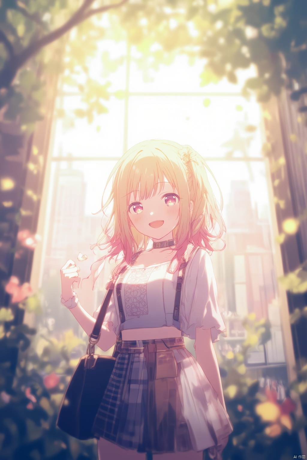 Captured from a low-angle perspective a cartoon girl with long blonde hair stands in front of a window. The girl is dressed in a plaid skirt a short sleeved top and a black purse. Her eyes are open and her lips are pursed. Her hair is a vibrant shade of pink and she has a slight smile on her face. The sun is shining through the window casting a soft glow on the girl's face. To the right of the girl a tree branch is visible adding a pop of color to the scene.
