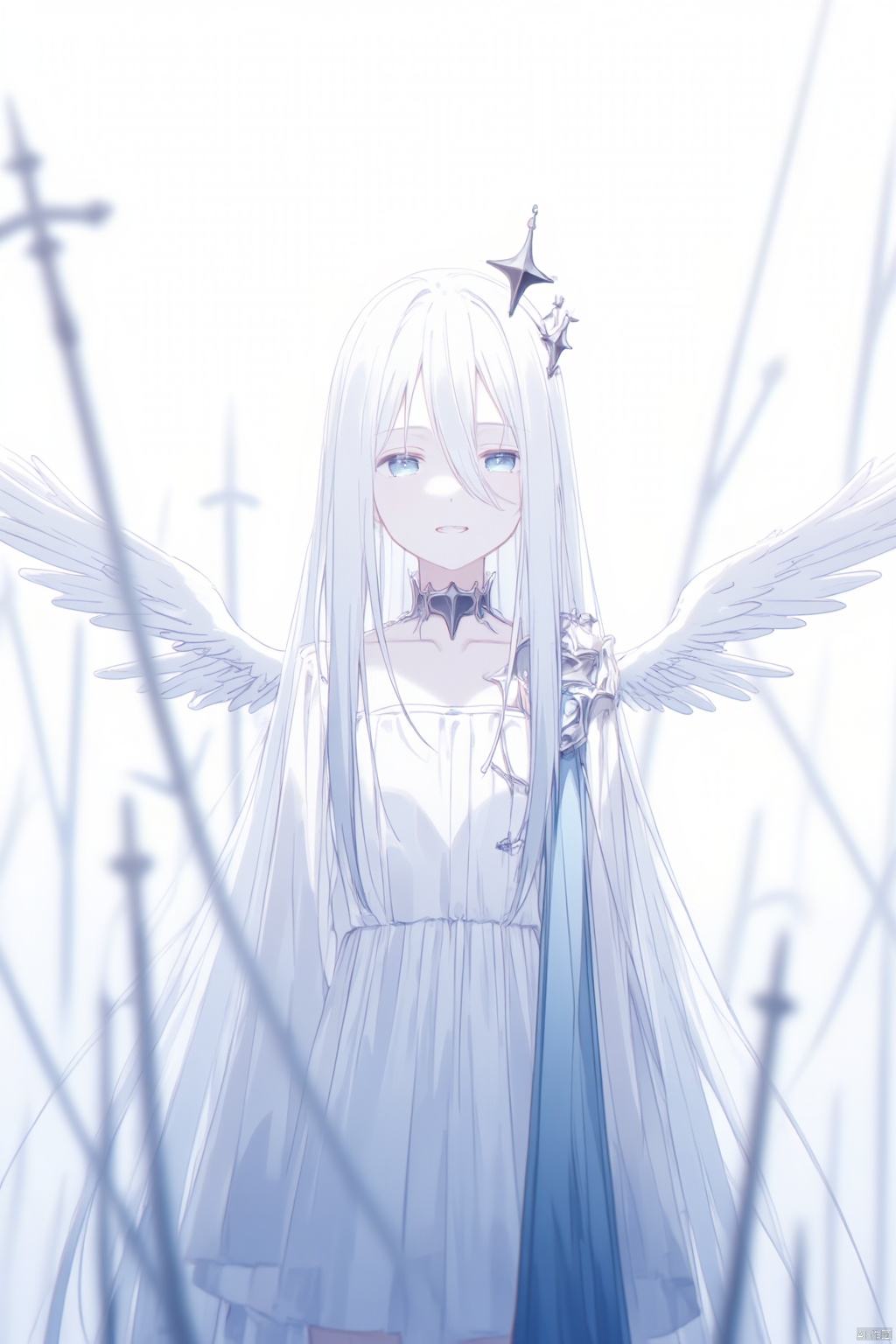 An animated image of a girl with long white hair and blue eyes. She is wearing a white dress with a black collar around her neck. Her wings are spread out on either side of her. She has a long blue scarf draped over her shoulders. There are three black stars on her head. The background is a light blue color.
