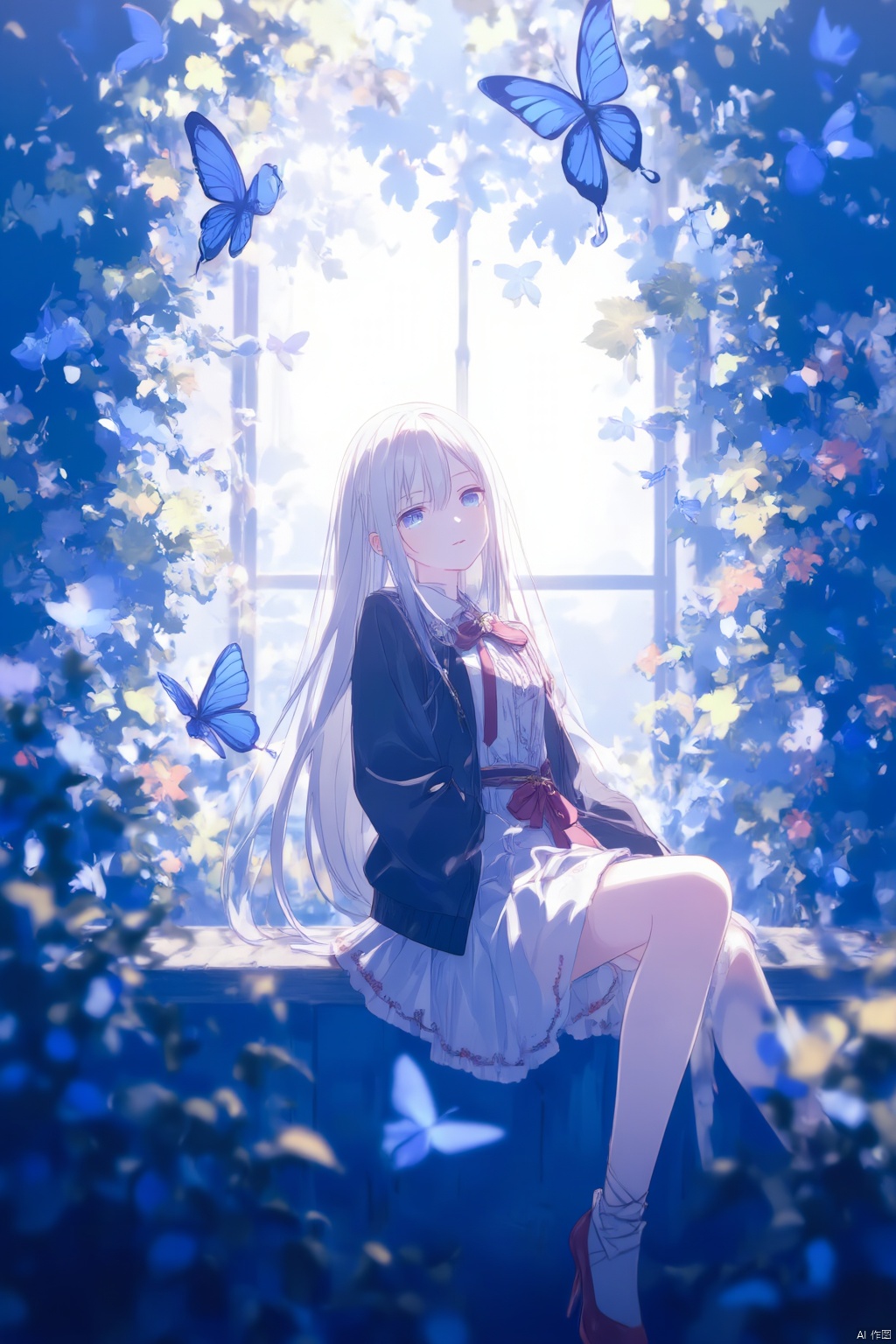 An animated image of a girl with long blonde hair and blue eyes. She is wearing a white dress with a red bow tied around her neck. The dress has a black jacket over it. The girl is sitting on a wooden bench. Behind her is a window that is covered in leaves. There are blue butterflies on the window.