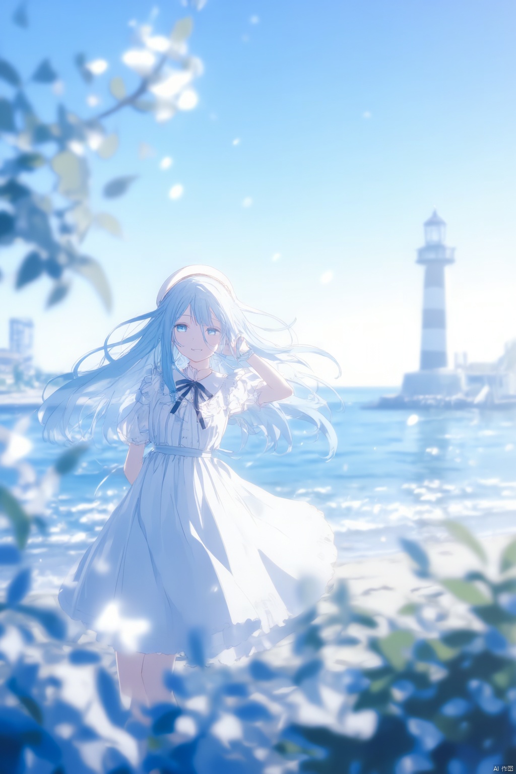 1girl, solo, yoisaki kanade, dress, hat, long hair, white dress, white headwear, outdoors, hair between eyes, lighthouse, blue eyes, beret, short sleeves, closed mouth, smile, white hair, very long hair, ocean, blue sky, tower, day, ribbon, sky, standing, bow, light blue hair, arms behind back, puffy sleeves, neck ribbon, blue theme, half-closed eyes, looking at viewer, feet out of frame, blurry, black ribbon, puffy short sleeves, frills, floating hair, black bow, sailor dress, blurry background, water, bowtie, blue hair, beach, white sailor collar, sailor collar, collared dress, clear sky, double-parted bangs, wind, waves, official alternate costume, horizon, sidelighting, light smile, blue bowtie