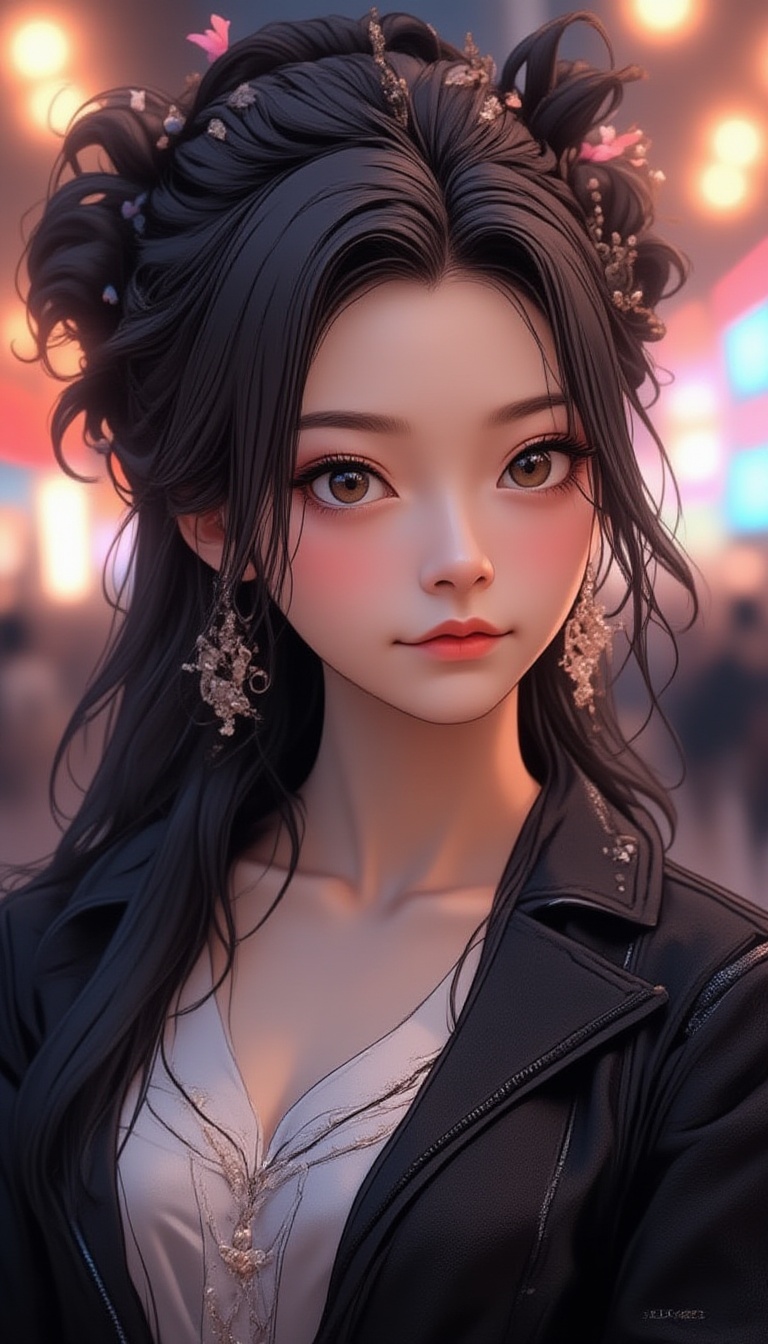 I draw a cute young Taiwanese woman with big eyes who wears landmine style makeup. She is happily moving to the rhythm in...
