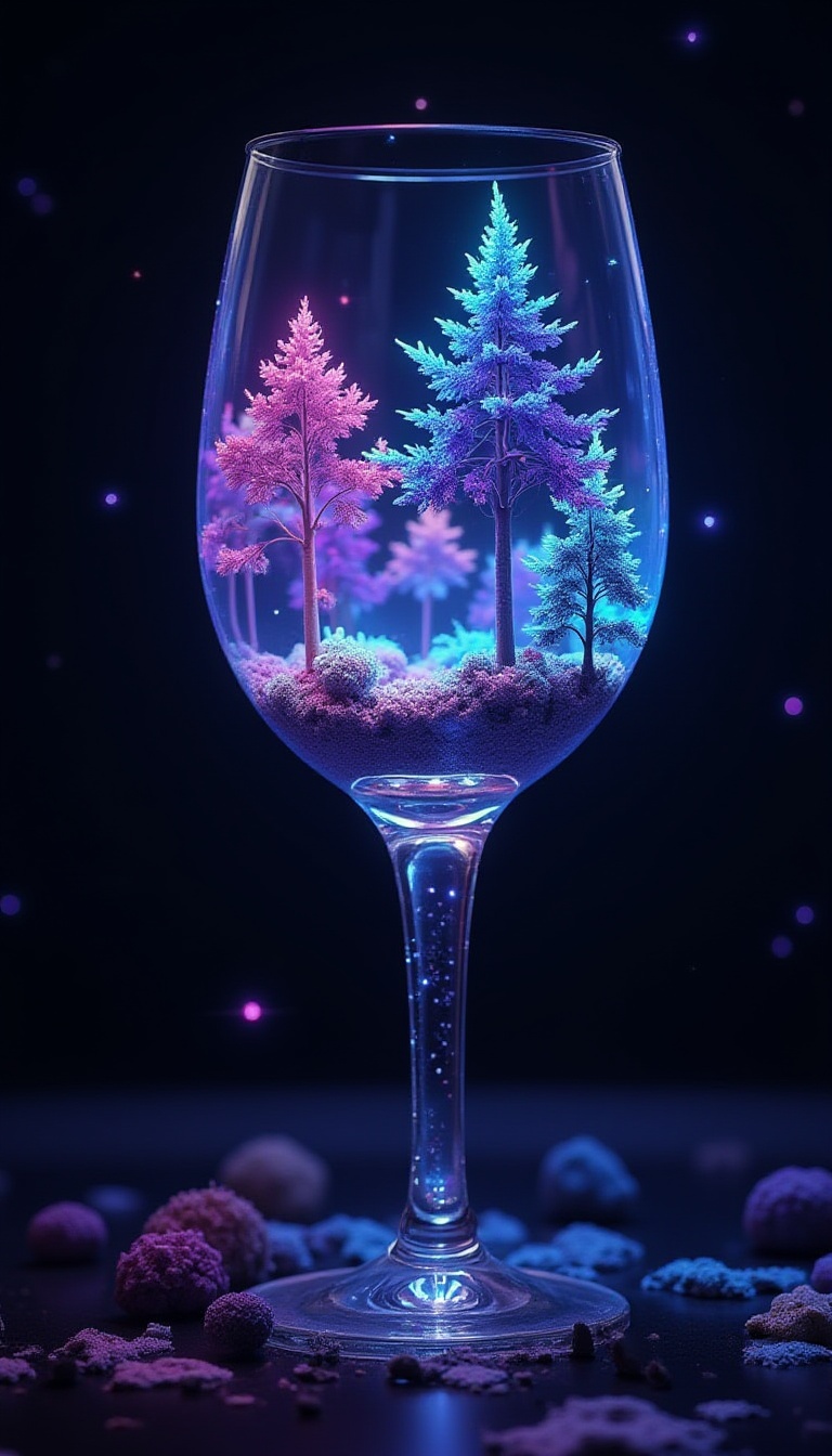 (Imagine a fantastical forest in a wine glass. Realistic glow of aurora-like neon lights. Infinite transparency and vivid...