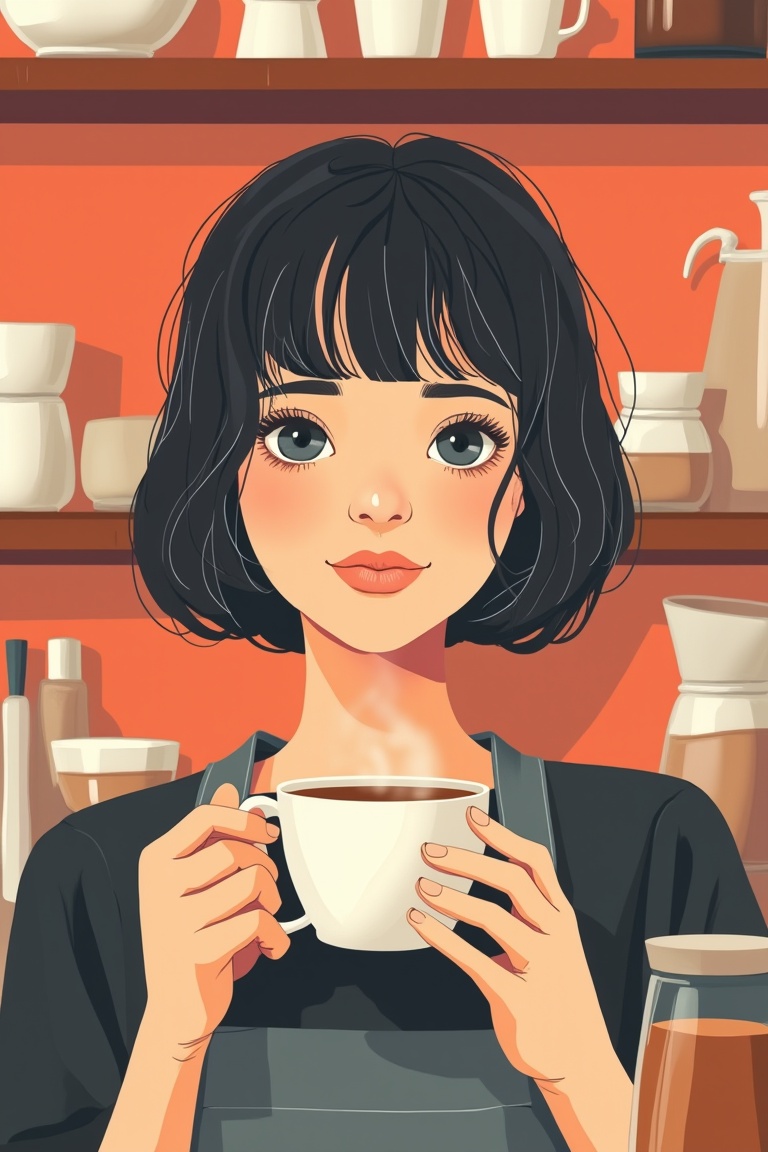 a close up flat illustration portrait of a young female barista,  making a cup of coffee in cafe,  short bobcut by epiphan...
