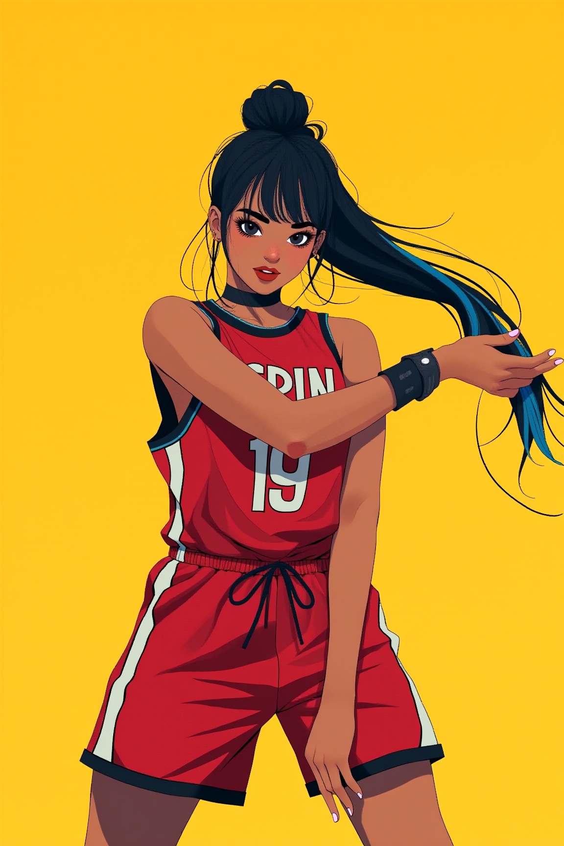 a chest up flat color portrait of a beautiful student break dancer posing dynamically in morden basketball uniform,  long...