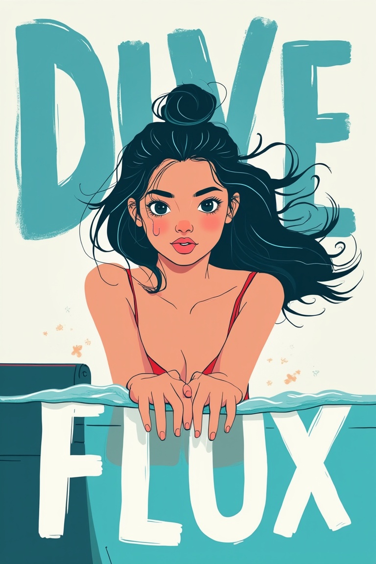 a chest up advertising poster of a beautiful student model diving from a diving springboard,  long black hair with blue st...