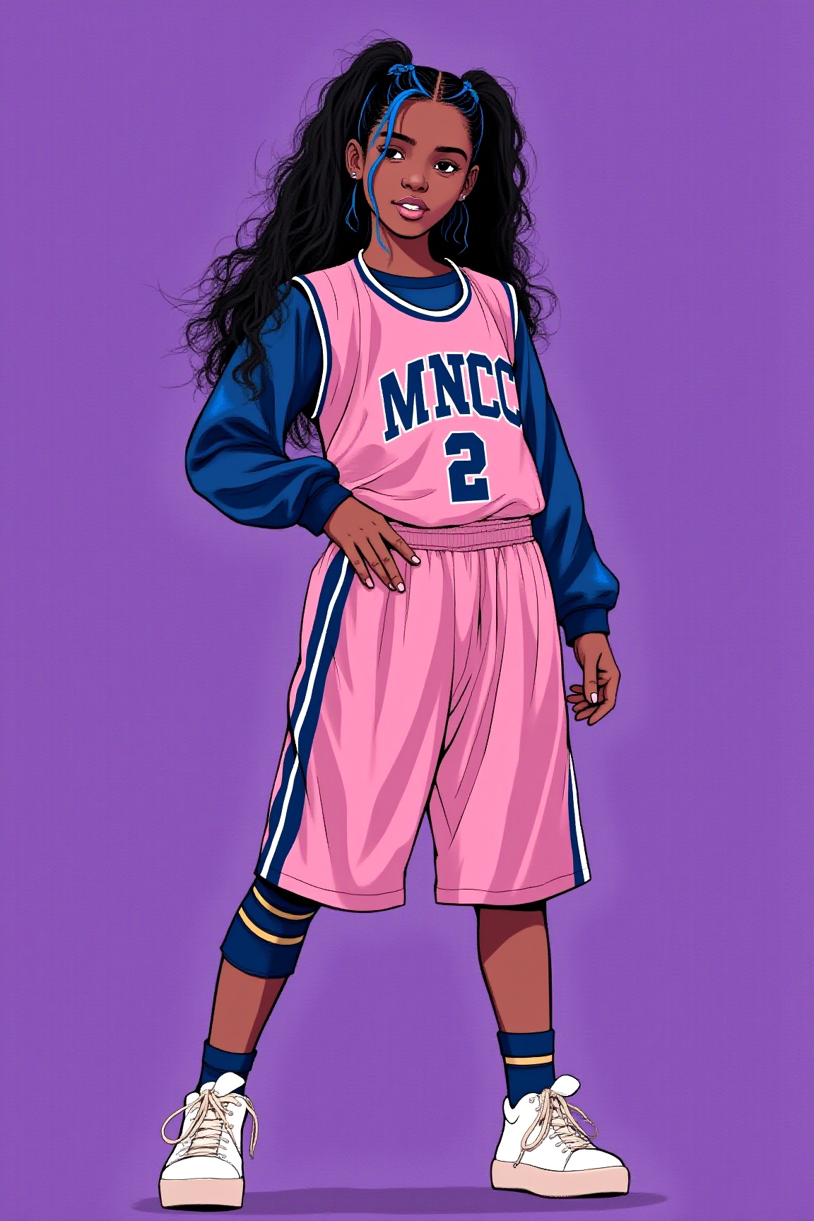 a chest up portrait of a beautiful student break dancer standing with one-hand in morden basketball uniform,  long black h...