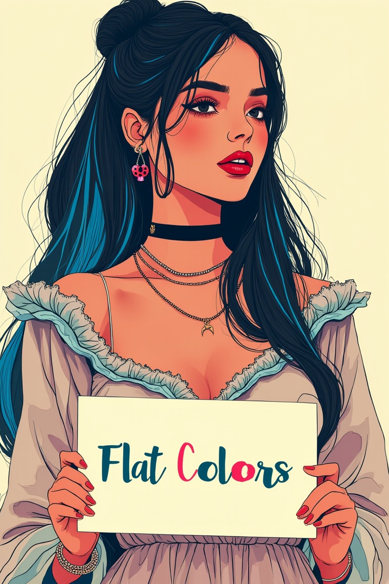 a chest up flat illustration portrait of a beautiful student model in expresssive intricate dress,  long black hair with b...