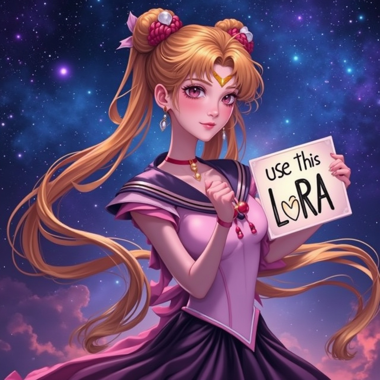 A beautiful woman with a beautiful pose,  Styled like sailormoon,  looking at the camera on Tensor.Art