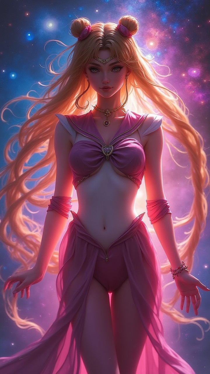 A beautiful woman with a beautiful pose,  Styled like sailormoon,  looking at the camera on Tensor.Art