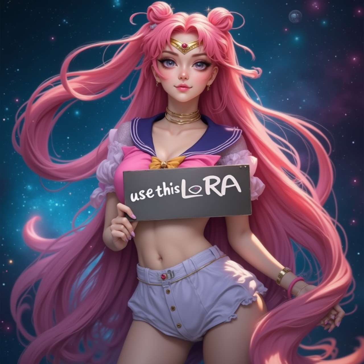 A beautiful woman with a beautiful pose,  Styled like sailormoon,  looking at the camera on Tensor.Art