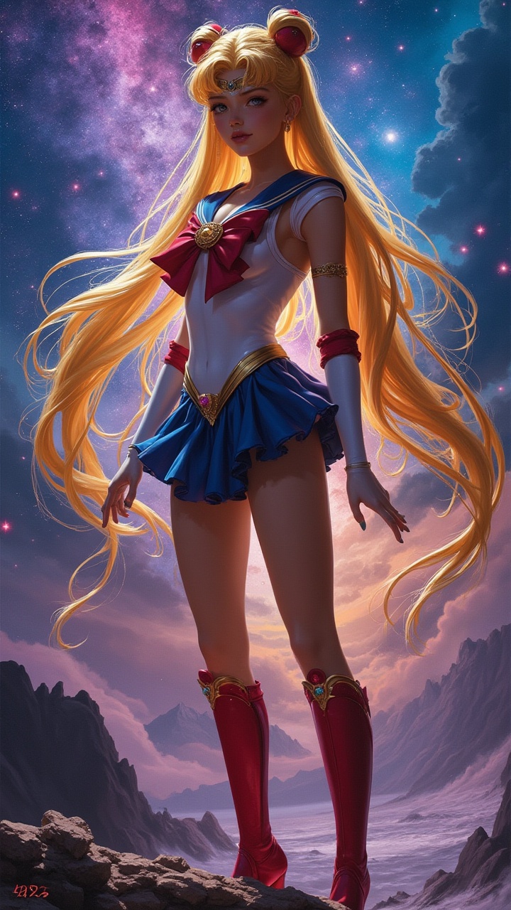 A beautiful woman with a beautiful pose,  Styled like sailormoon,  looking at the camera on Tensor.Art
