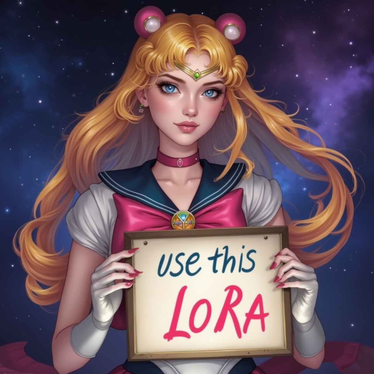 A beautiful woman with a beautiful pose,  Styled like sailormoon,  looking at the camera on Tensor.Art