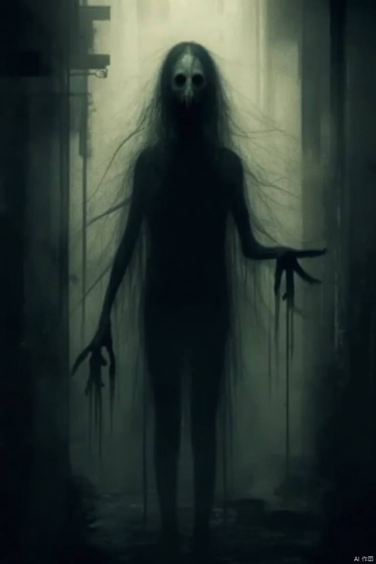 abnormal humans, horror (theme), silhouette, looking at viewer, solo, standing, monster,