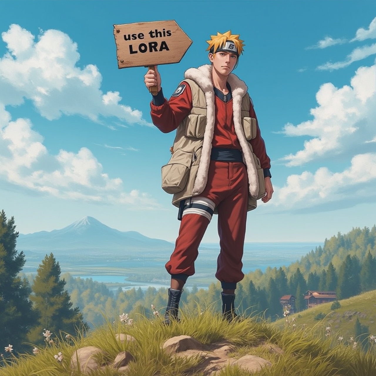 Portrait of Handsome man, standing on a hill holding a sign that says "use this LoRA",Naruto