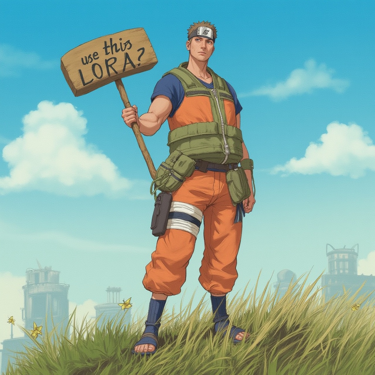 Portrait of Handsome man, standing on a hill holding a sign that says "use this LoRA",Naruto