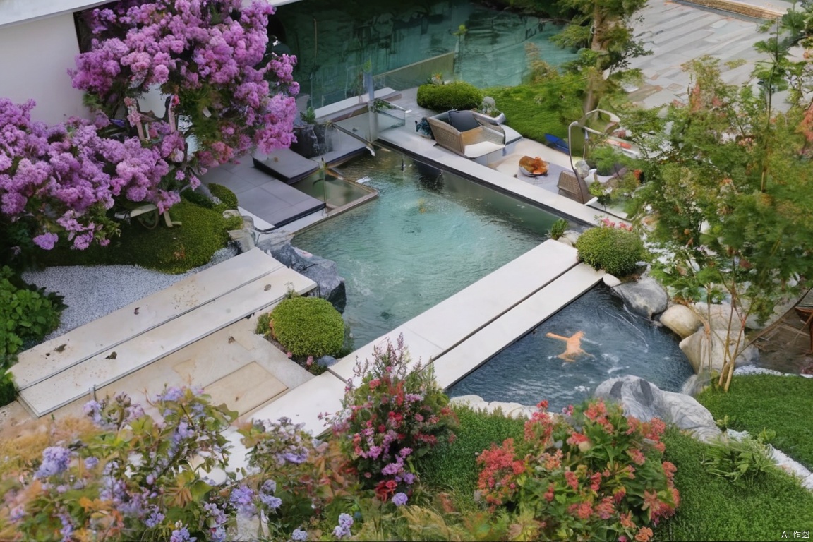 pool,Modern pavement,Modern Garden,Beautiful scenery,紫薇树,Stepping Stone