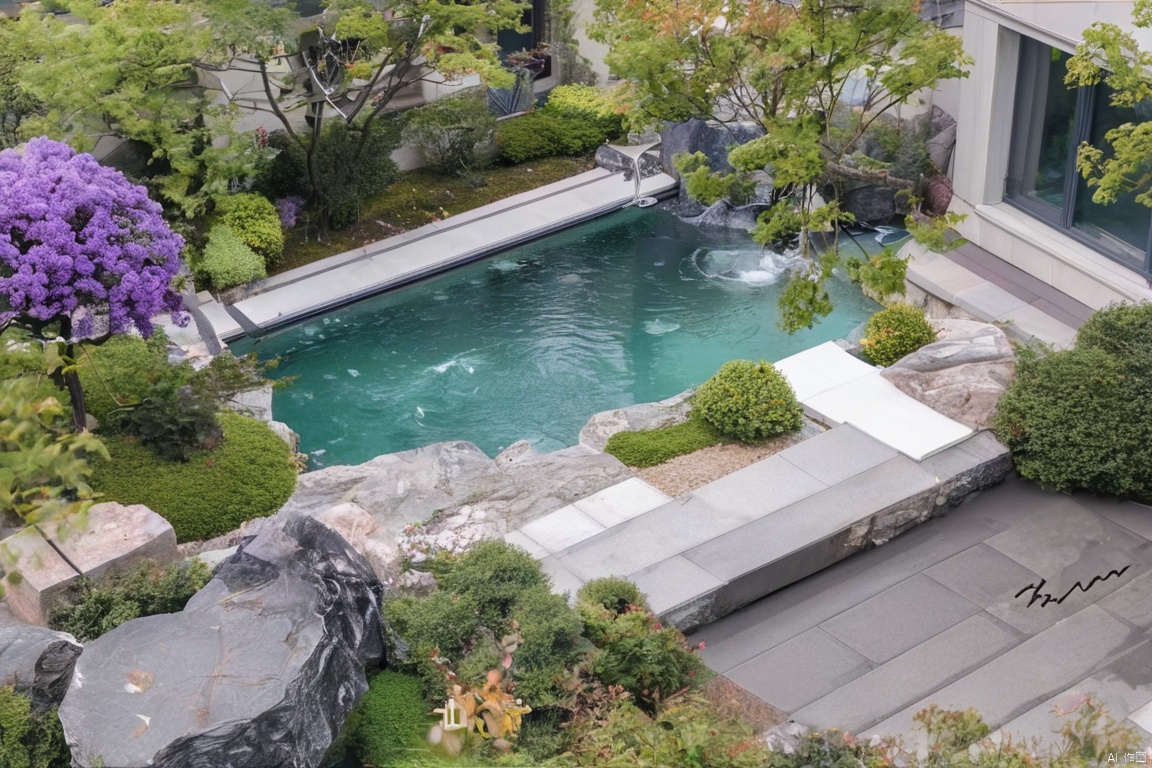 pool,Modern pavement,Modern Garden,Beautiful scenery,紫薇树,Stepping Stone