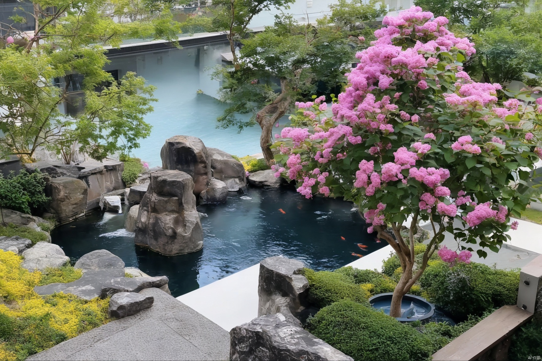 pool,Modern pavement,Modern Garden,Beautiful scenery,紫薇树,Stepping Stone