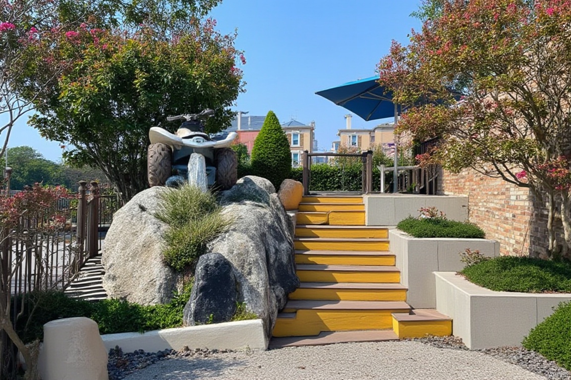 On a sunny day, a sculpture of a four-wheeler is placed on a large rock at eye level. The sculpture sits on a set of stairs leading to the top. The stairs are painted yellow and have a metal railing on either side of the steps. The railings are made of metal and the base of the stairs is made of small gray rocks. To the right of the sculpture is a brick building, and to the left is a blue umbrella with white letters on it. The sky is light blue with crape myrtle trees in the background and beautiful garden plants on both sides of the road,modern garden