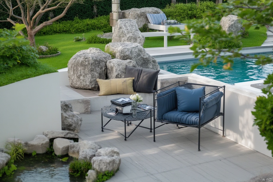 Captured from a high-angle perspective, a bird's eye view of a backyard patio and pool. The pool is surrounded by lush green grass, and the pool is a deep blue color. The patio is made of a light gray concrete walkway, and there are two black metal patio chairs, each with a blue pillow and a black metal frame. The chairs are positioned in front of a small pond, with a small table between them. The table has a black book on it, and a small vase with flowers on it. To the left of the pool, there is a large gray boulder, and to the right of the rock, there are a few more boulders. Beyond the patio, a large tree branch is seen, adding a touch of greenery to the scene.,modern garden
