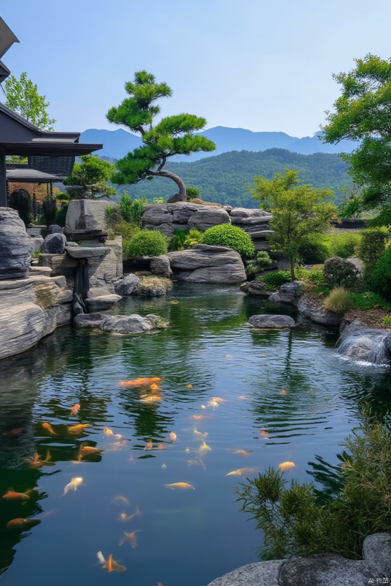 Panoramic view of pond with goldfish swimming in it, side view. The pond is surrounded by a series of gray rocks with a small waterfall in the middle where you can see brocade fish swimming in the water, adding color to the scene. The scene features pine trees, maples, mountains and clear blue sky in the background, modern garden, modern garden