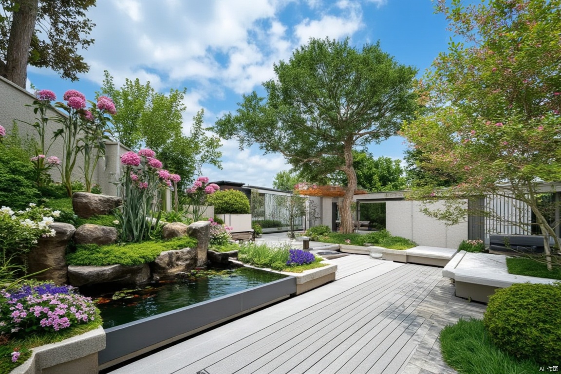 A serene outdoor haven, where modern meets nature. Against a brilliant blue sky, a majestic crape myrtle tree stands tall, its branches stretching towards the sun, surrounded by an explosion of vibrant flowers and lush greenery. A suspended fish pond glimmers in the foreground, while flower boxes and natural-style landscaping add texture to the scene. A stately pine tree provides shade, and modern paving leads the eye to a tranquil courtyard with a private pond, creating a sense of calm.,modern garden