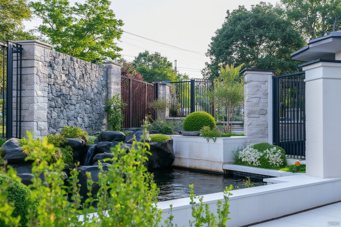 Captured at eye-level on a low-angle perspective, a water fountain is situated in front of a gray stone wall. The fountain is adorned with a few large boulders and a small waterfall. To the left of the fountain is a black wrought iron fence, and to the right of the fence is a white pillar with a black roof. The sky is a bright white, and the scene is taken from a low angle perspective.,modern garden