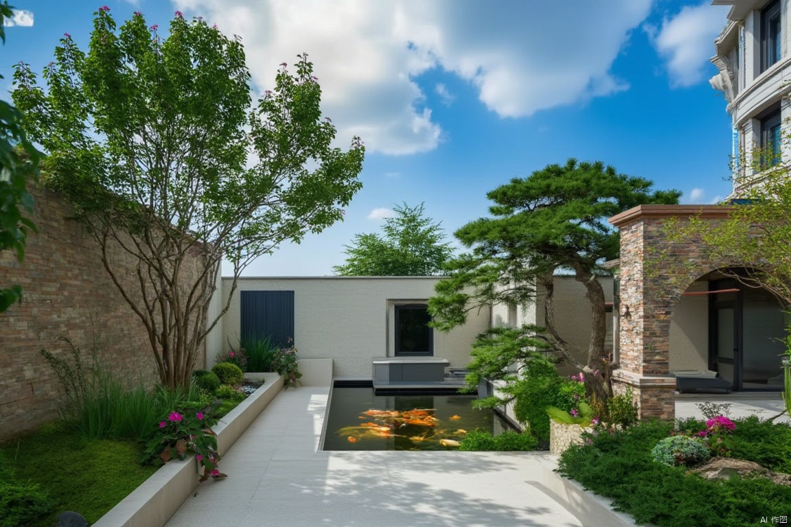 A serene outdoor haven, where modern meets nature. Against a brilliant blue sky, a majestic crape myrtle tree stands tall, its branches stretching towards the sun, surrounded by an explosion of vibrant flowers and lush greenery. A suspended fish pond glimmers in the foreground, while flower boxes and natural-style landscaping add texture to the scene. A stately pine tree provides shade, and modern paving leads the eye to a tranquil courtyard with a private pond, creating a sense of calm.,modern garden