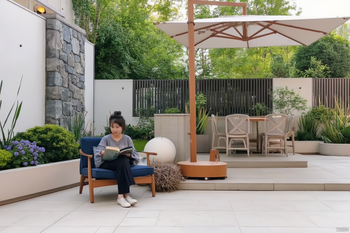 Captured from a high-angle perspective, a woman is seated on a blue chair reading a book. She is wearing a gray long-sleeved t-shirt, black pants, and white sneakers. Her hair is short and dark, and she is looking at the camera. The chair she is sitting on is made of wood, with a blue seat. The woman's legs are crossed, and her hair is pulled back in a ponytail. To the right of the woman, a white umbrella is attached to a wooden pole. Behind the umbrella, a table and chairs are arranged, and a white wall is adorned with plants and flowers. The wall is made up of gray stones, adding a touch of color to the scene.,modern garden