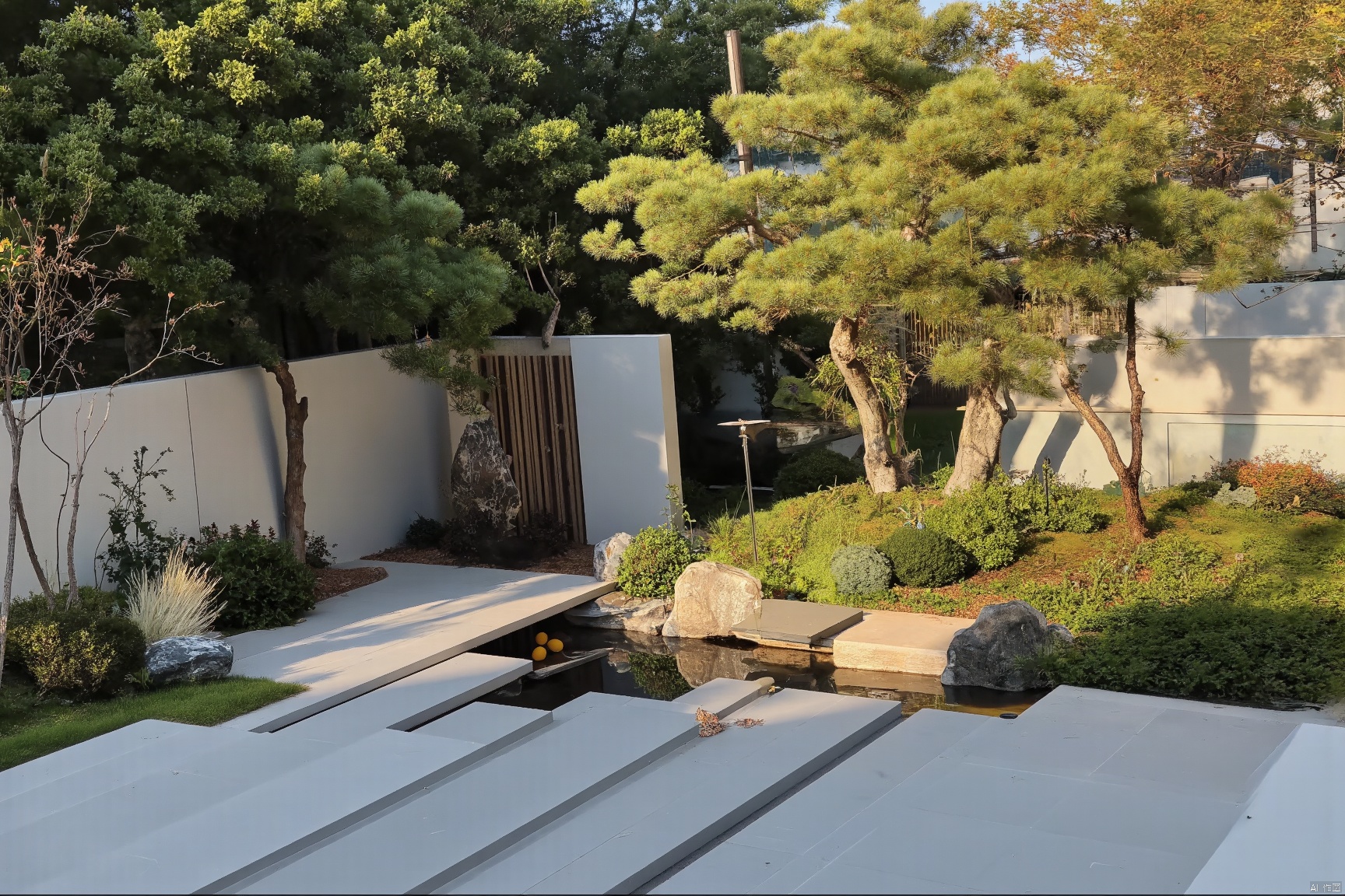 A serene Modern garden oasis, set amidst a natural landscape of lush pine trees and trimmed shrubs. A stepping stone pathway meanders through the lush greenery, leading to a picturesque fish pool surrounded by beautiful scenery. Warm sunlight casts a modern glow on the smooth pavement, reflecting off the tranquil water's surface.,modern garden