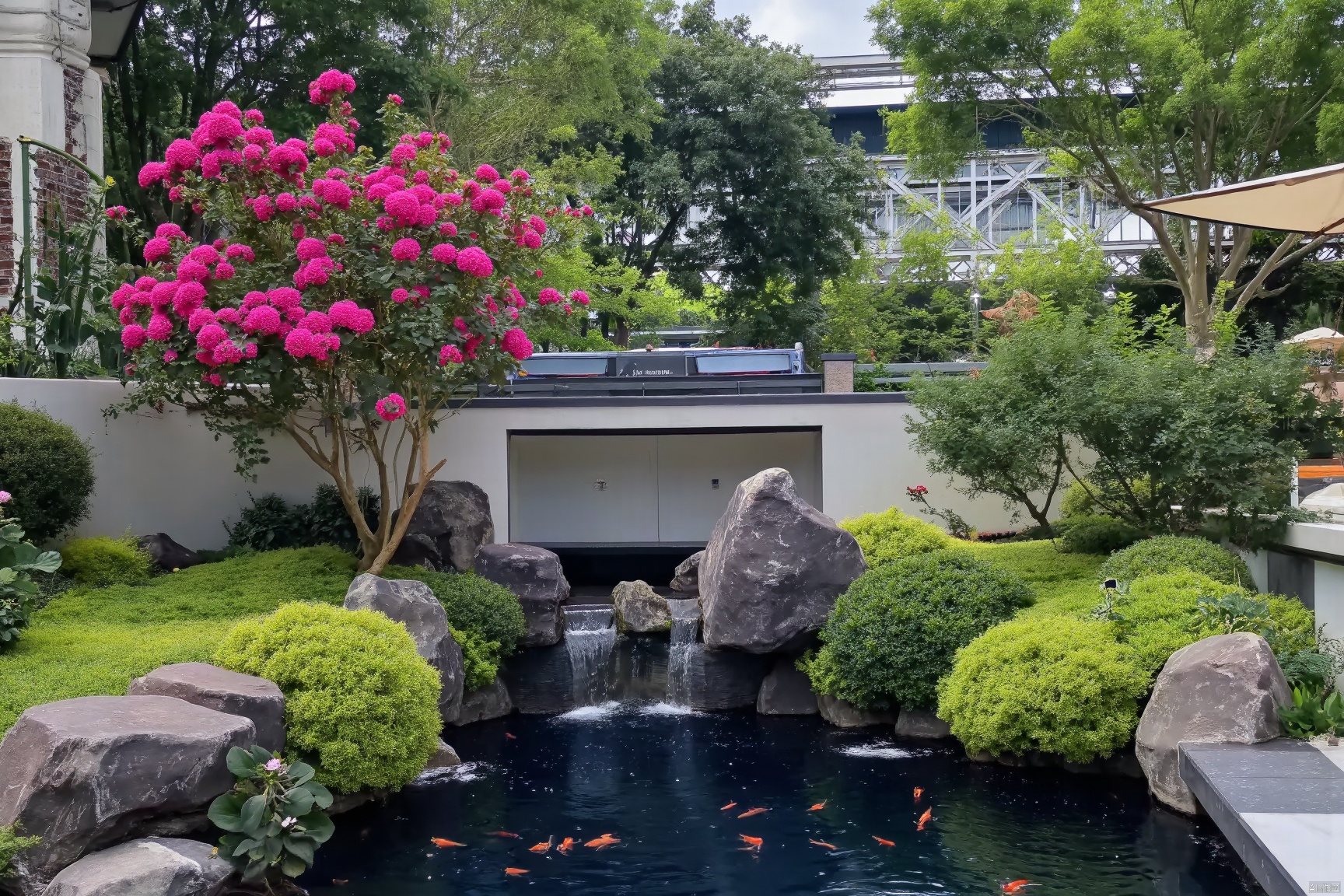Shot from a high angle, a bright pink blooming crape myrtle tree stands in front of a small pond. The pond is surrounded by lush green shrubs and a few large rocks, adding a touch of nature to the scene. The water in the pool is dark blue, with a few small orange fish swimming in it. To the left of the pond, a large rock formation can be seen, adding depth to the composition. The background of the scene is a bridge, a white building and trees.,modern garden