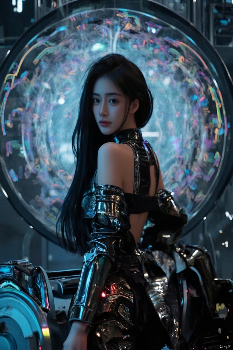 A fierce female warrior with long, flowing black hair, her armor etched with glowing rainbow colored circuits, lining strip of RGB led lighting and electronic chip, stands in the heart of a digital nexus. leaning on object, head slightly tilt, looking at viewer smilng, long fingernails, fingerless gauntlet, Surrounding her is a vortex of luminous circuitry, casting intricate patterns of light on her armor. The scene is rendered with photorealistic detail, the lighting capturing the interplay between the metallic textures and the pulsating rainbow colored energy energy of the digital backdrop. reaslitic (full body:1.1) image
