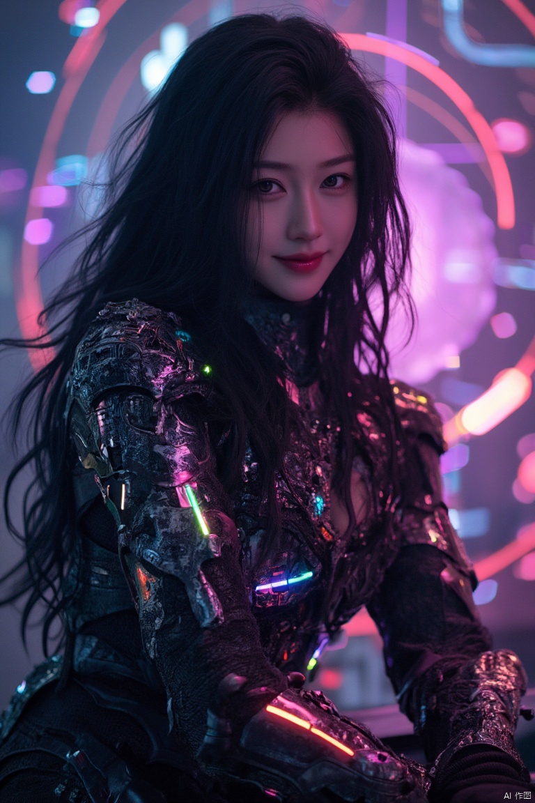 A fierce female warrior with long, flowing black hair, her armor etched with glowing rainbow colored circuits, lining strip of RGB led lighting and electronic chip, stands in the heart of a digital nexus. leaning on object, head slightly tilt, looking at viewer smilng, long fingernails, fingerless gauntlet, Surrounding her is a vortex of luminous circuitry, casting intricate patterns of light on her armor. The scene is rendered with photorealistic detail, the lighting capturing the interplay between the metallic textures and the pulsating rainbow colored energy energy of the digital backdrop. reaslitic (full body:1.1) image
